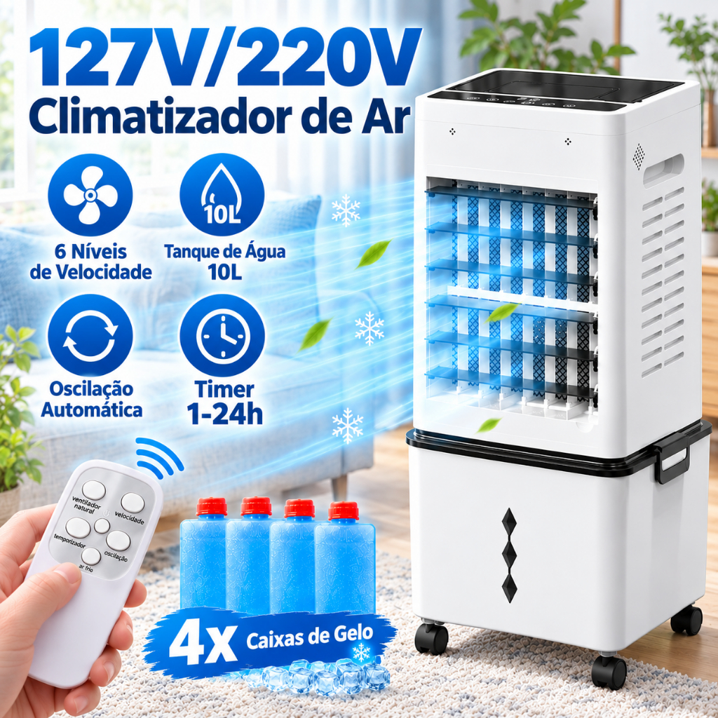 Climatizador de Ar 10L 127V/220V 45W 6 Velocidades 2 Modos Controle Remoto Timer 1-24H com 4 Rodas