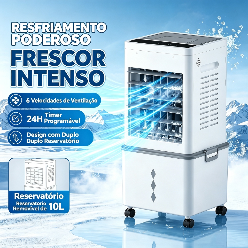 Climatizador Evaporativo 10L 6 Velocidades 70W – Controle Remoto, Timer 24h, 127V,220V, 2 Modos, Portátil S2