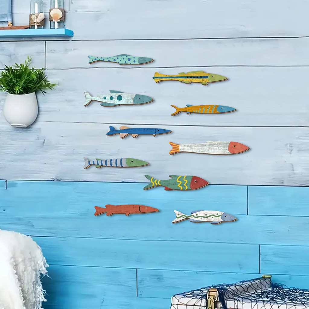 Fish Wall Art Rustic Coastal 10 Pcs Wooden Decor Set Nautical Beach Vintage Sculpture for Bathroom Room Lake House Ocean