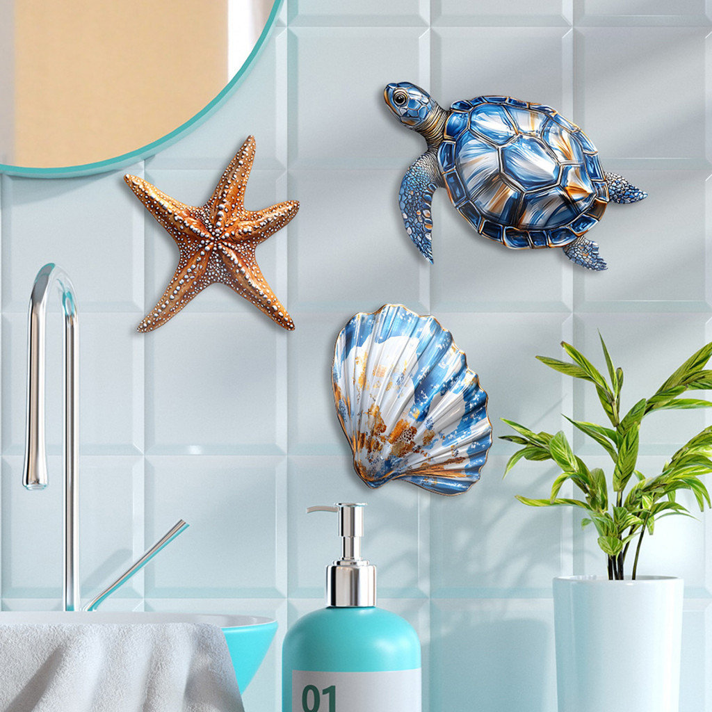 Fish-shaped Wall Decorations Ocean Themed 3/4 Pcs Wooden Fish Decor Set Rustic Nautical Turtle Shell Starfish Sculpture