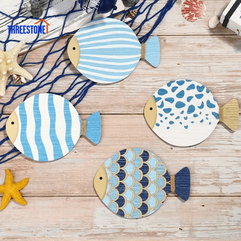 Wooden Fish Decor Wall Decoration 4pcs Set Rustic Nautical Farmhouse Style Sculpture for Living Room Bathroom Home