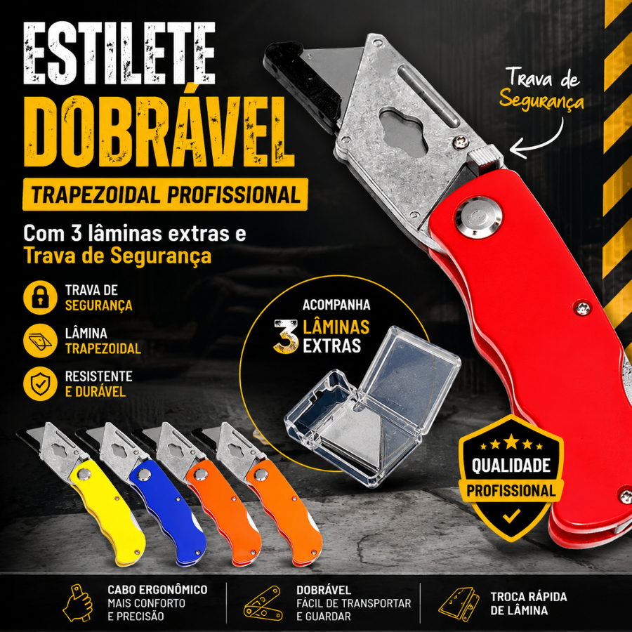 Estilete Dobrável Trapezoidal Profissional Com 3 lâminas extras e Trava de Segurança