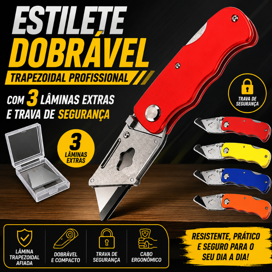 Estilete Profissional Trapezoidal: Dobrável, Seguro e Com Lâminas
