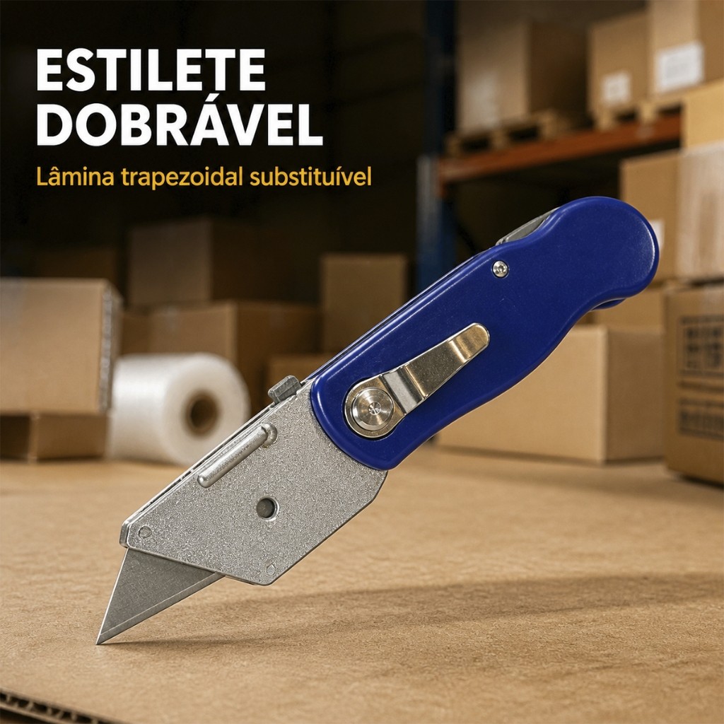 Canivete Estilete Dobrável com Lâmina Trapezoidal para Abertura de Caixas Corte de Papelão