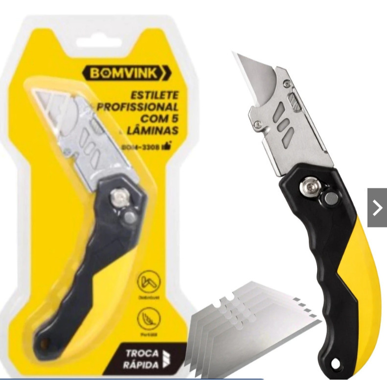 Estilete de Corte Dobrável Profissional com 5 Lâminas Trapezoidal BOM-3308 BomVink