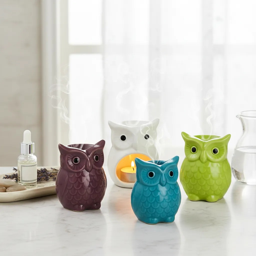 Kit 4 Difusor Rechaud Coruja Aromatizador Porcelana Vela Tea Light