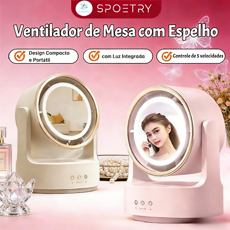 Ventilador de Mesa com Espelho Iluminado USB Sem Hélices Portátil Para Maquiagem e Escritório