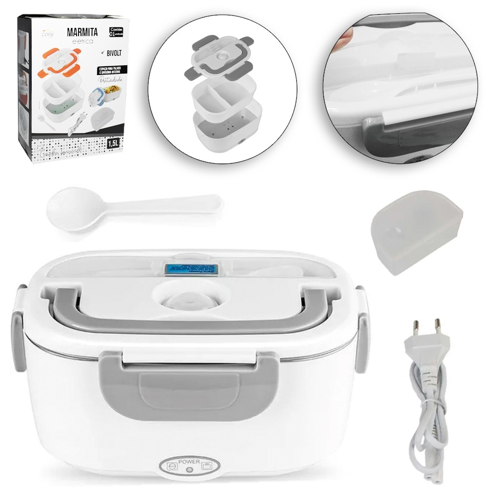 MARMITA ELETRICA PORTATIL COM COLHER + 2 DIVISORIAS E TRAVA BIVOLT 1500ML 22X15X9,5CM Código 3133708