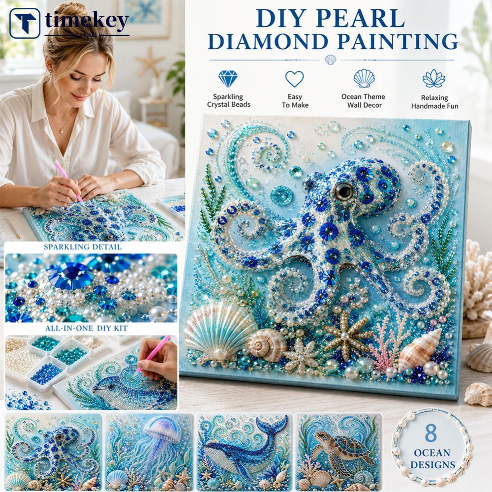 TIMEKEY Ocean Theme 3D Pearl Painting Kit 20x20cm Emoldurado DIY Art Set Tartaruga Marinha Medusa Polvo Decoração De Par