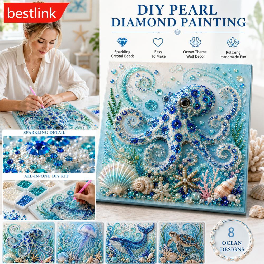 BESTLINK Ocean Theme 3D Pearl Painting Kit 20x20cm Emoldurado DIY Art Set Tartaruga Marinha Medusa Polvo Decoração De Pa