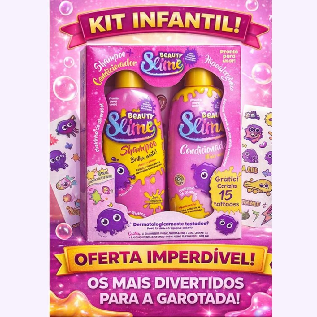 Kit Shampoo + Condicionador Infantil Beauty Slime 200ml Hipoalergênico + 15 Tattoos