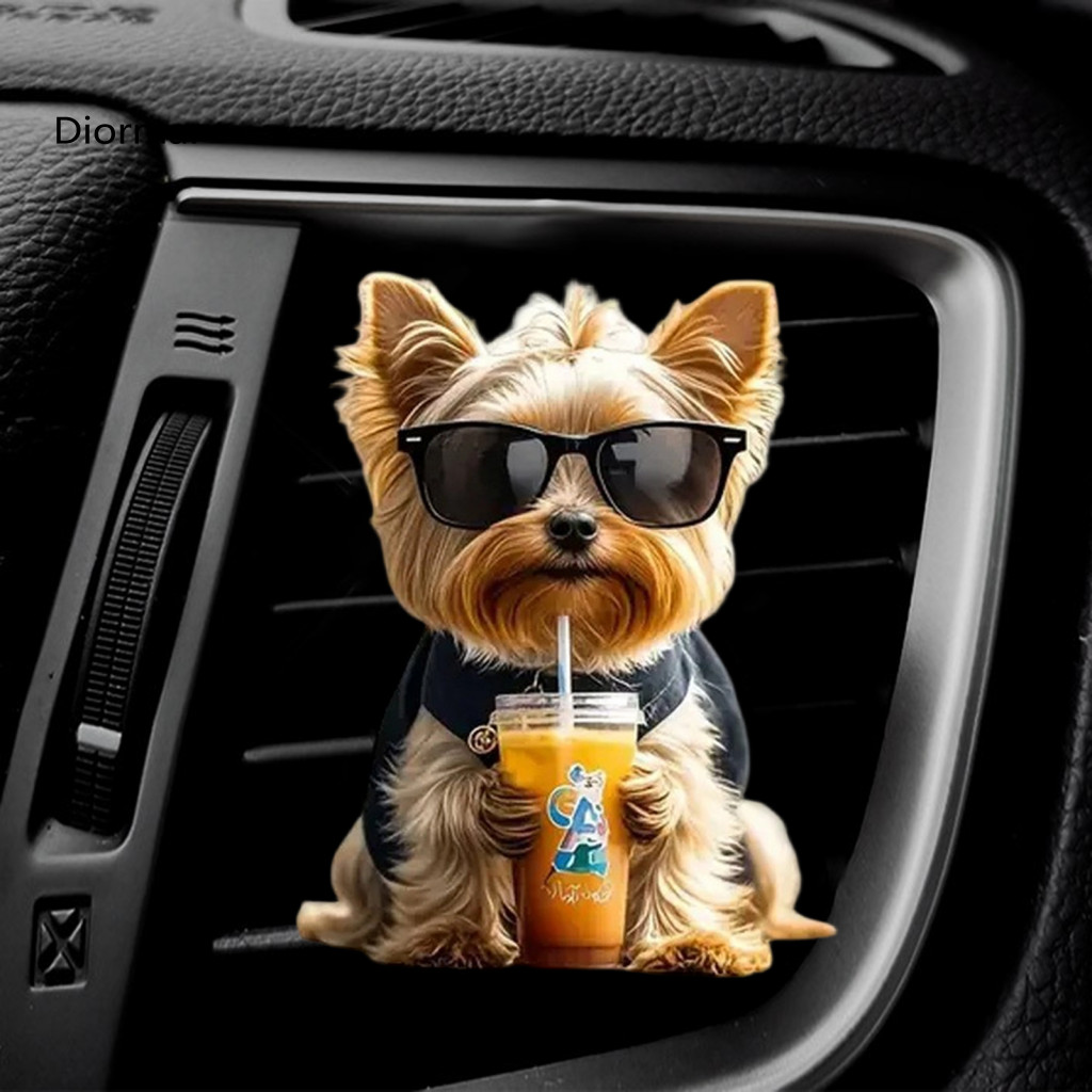 Dog Car Air Freshener Vent Clip Cute Milk Tea Puppy with Replaceable Scent Pads – 2d Acrylic Dashboard Decor for