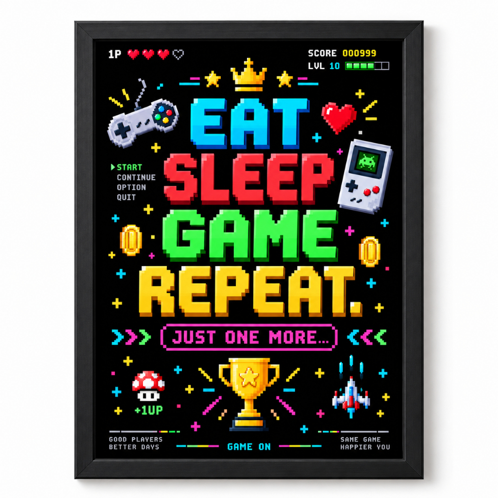 Quadro Decorativo Gamer Pixel Art A4 Arcade Retrô Videogame Geek Quarto Setup Presente Moldura Preta