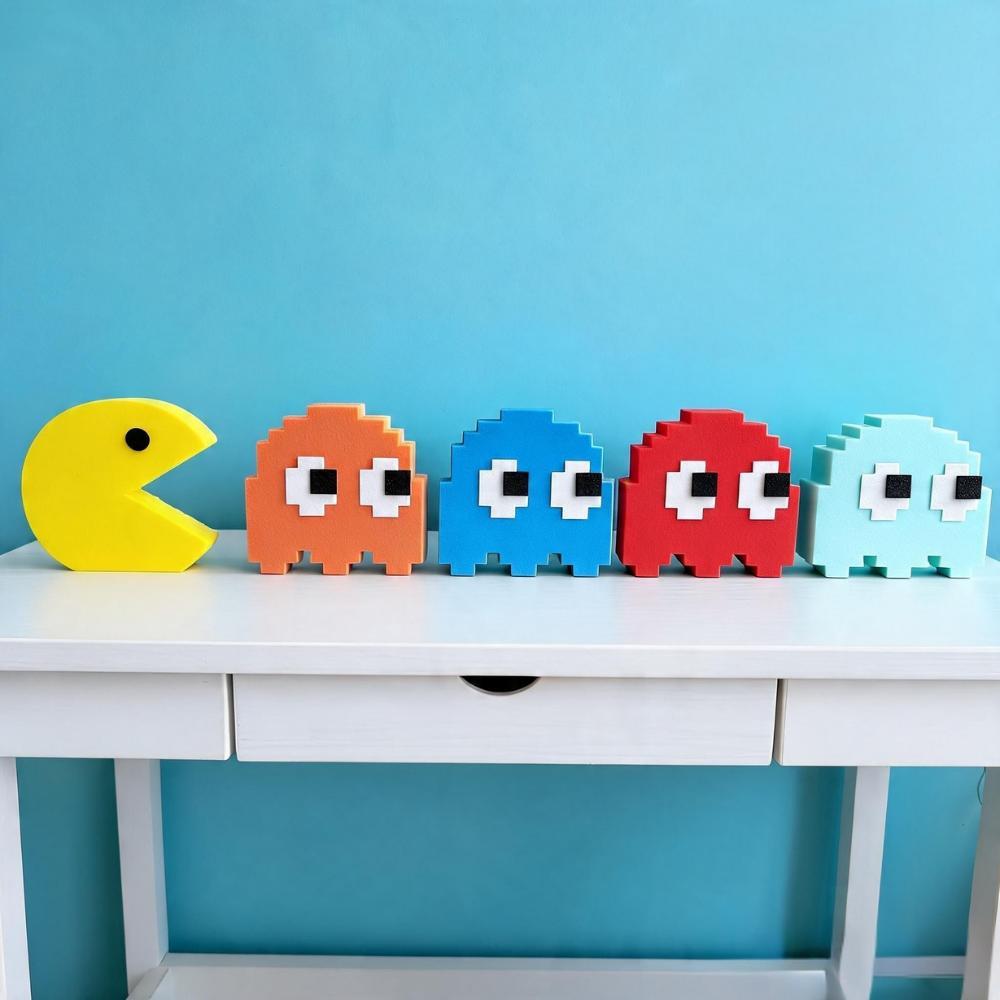 Kit Pac-Man E Fantasmas Decorativo 3D Pixel Art 8 Bits Enfeite Para Setup Gamer Mesa Nicho Retrô Geek Arcade