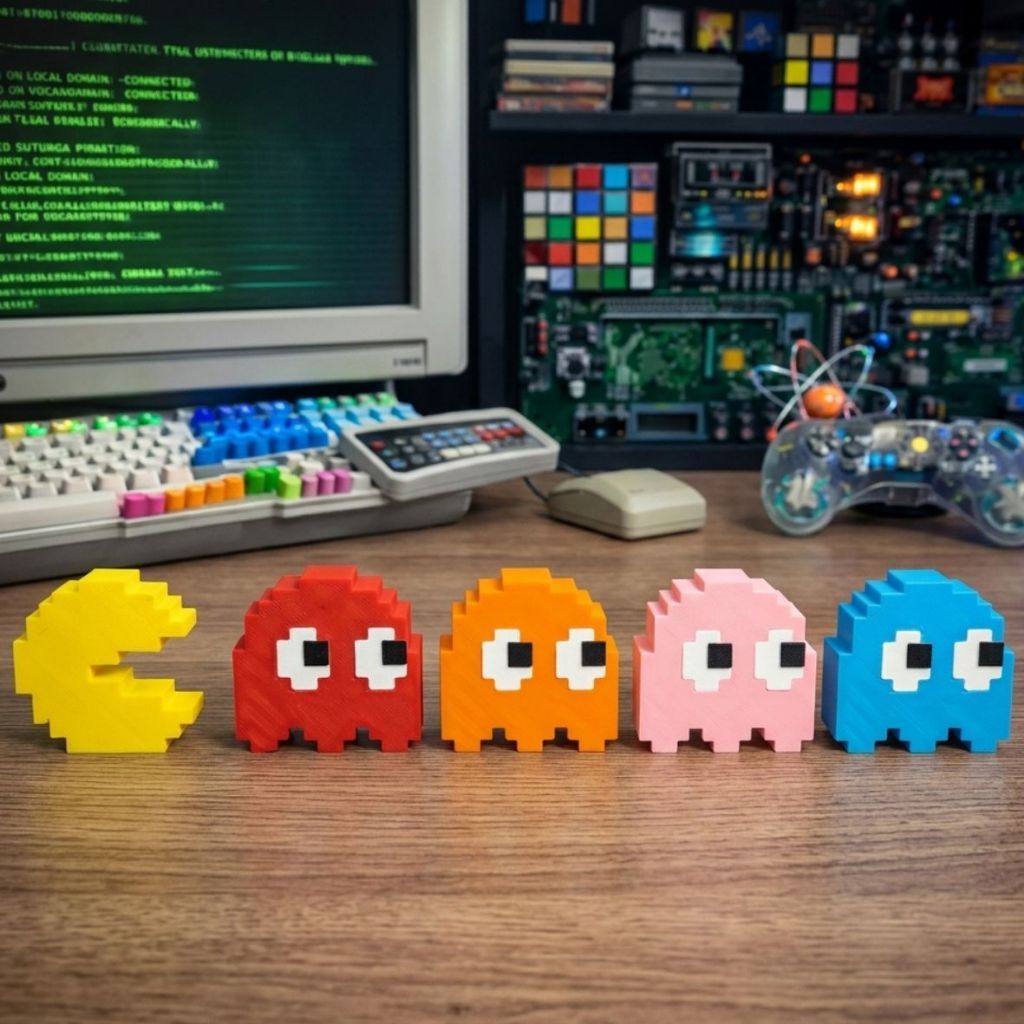 Kit Pac-Man e Fantasmas Pixel Art Escultura Decorativa Geek Retro Games Setup Gamer Impressao 3D