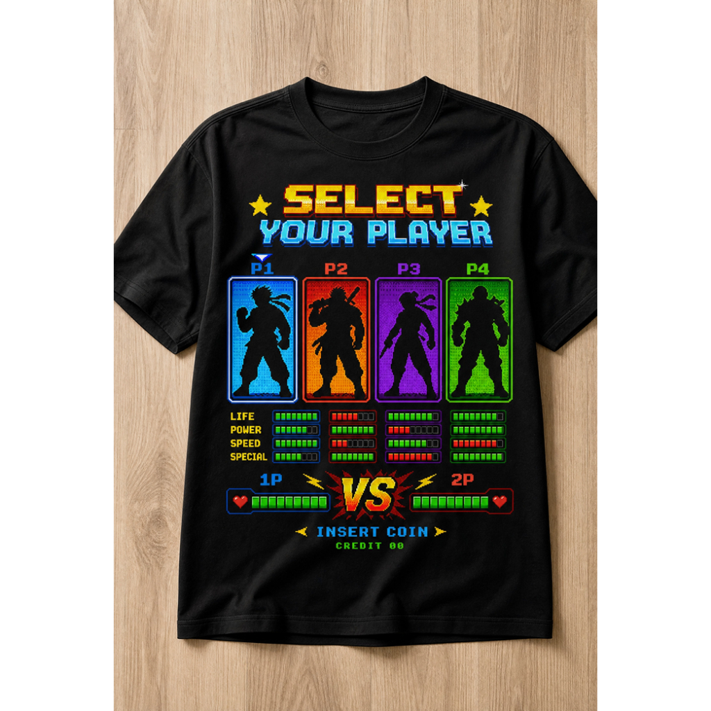 Camiseta Gamer Retrô Arcade Select Your Player | Estampa Pixel Art | 100% Algodão Unissex