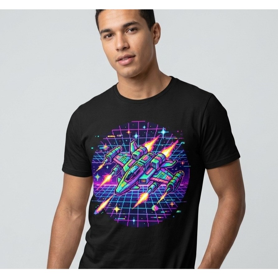 Camiseta Estampada Algodão Nave Espacial Pixel Art Retro Gamer Básica Unissex Camisa P ao GG