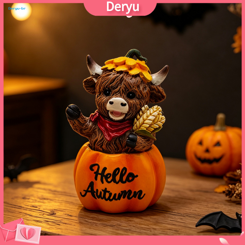 Autumn Harvest Pumpkin Decor Theme Room Accessories Highland Cow Ornament Resin Figurine Thanksgiving Table Centerpiece