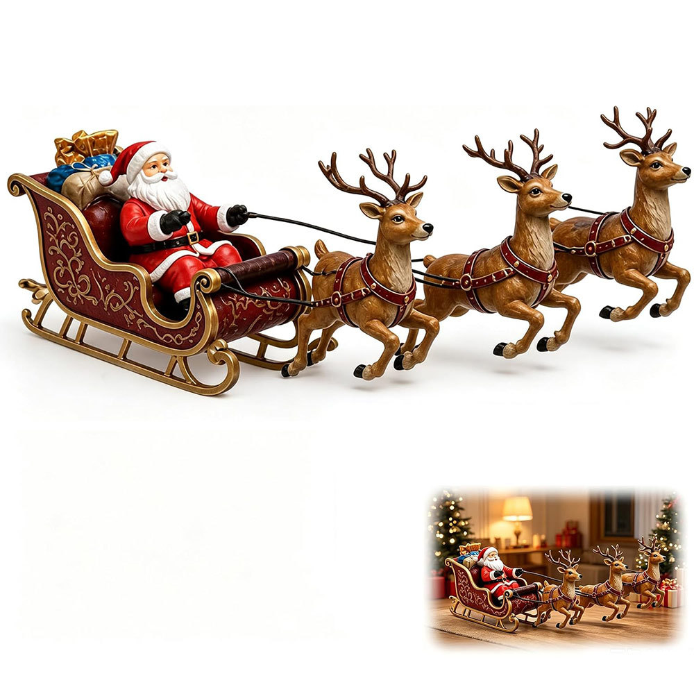 Christmas Resin Santa Sleigh Figurine With Reindeer Handcrafted Tabletop Statue Seasonal Home Decor Ornament
