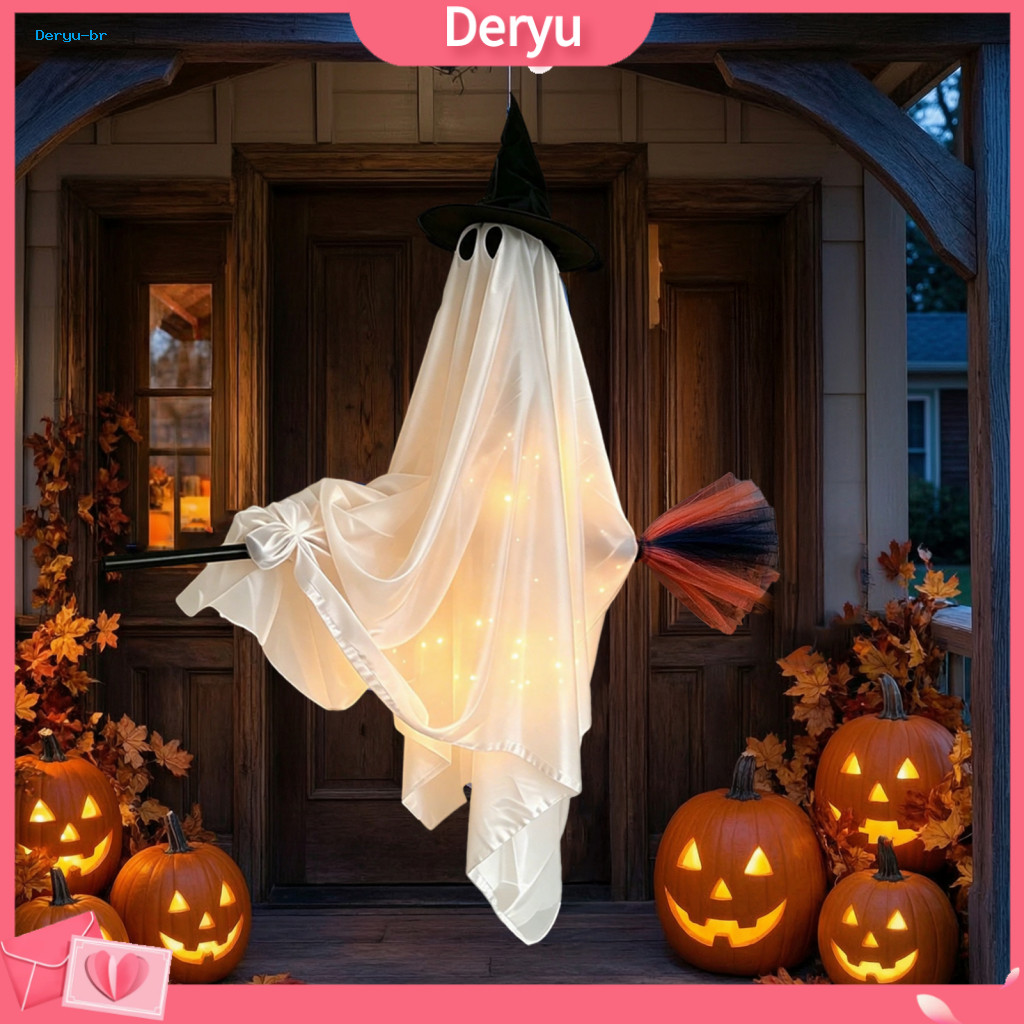 Halloween Hanging Ghost Decorations Front Door Welcome Decoration with Broom – Flying Witch Ornament for Haunted for S
