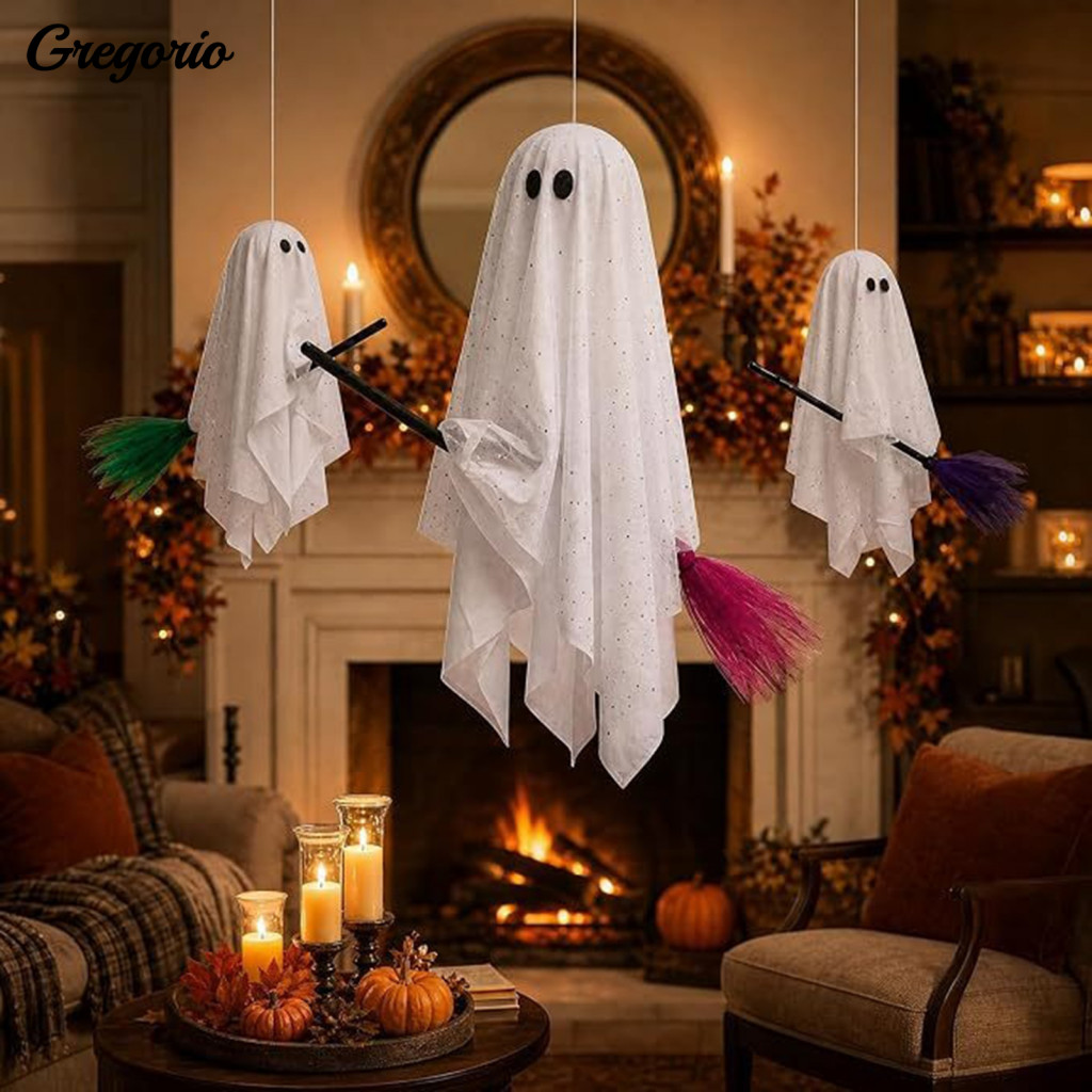 Halloween Hanging Ghost Decorations Flying with Broomstick 3 Pcs Ghosts on Brooms Spooky Gauze for Tree Porch Yard Patio