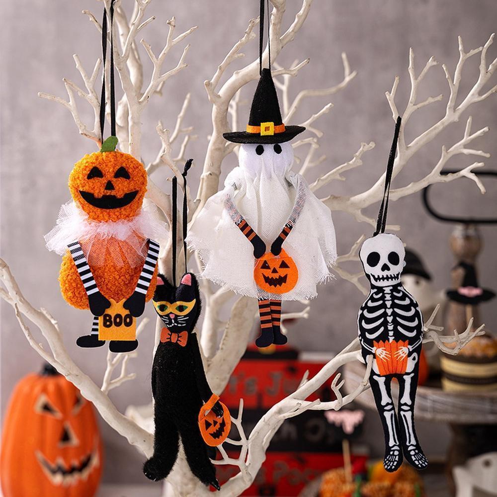 1PC Halloween Pelúcia Pendurado Ornamentos Abóbora Fantasma Esqueleto Gato Preto Boneca Pingente Árvore Janela Porta Dec