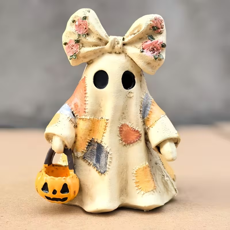 1PC Halloween Retalhos Fantasma Estatueta Com Arco Balde De Abóbora Bonito Estátua Ornamento De Mesa Decoração Para Casa