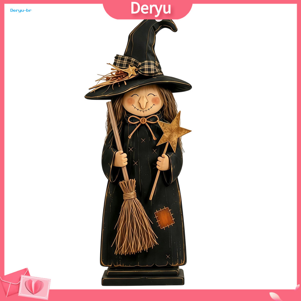 Halloween Witch Tabletop Decor Vintage Style Statue for Shelf Retro Wooden Ornament with Broom Pumpkin Black Cat – for
