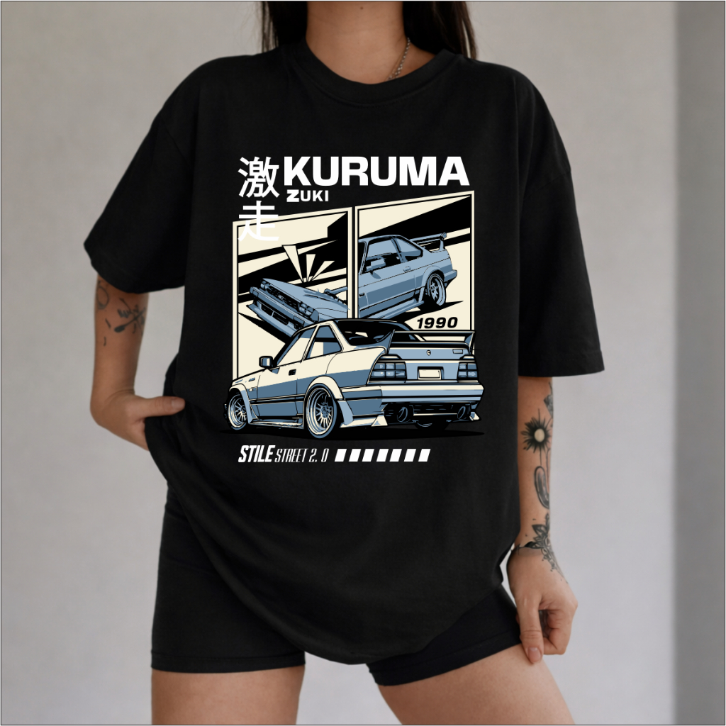 Camiseta Blusa Oversized Feminina Estampa Coreana Kuruma Zuki Car Street Estilo Casual Verao