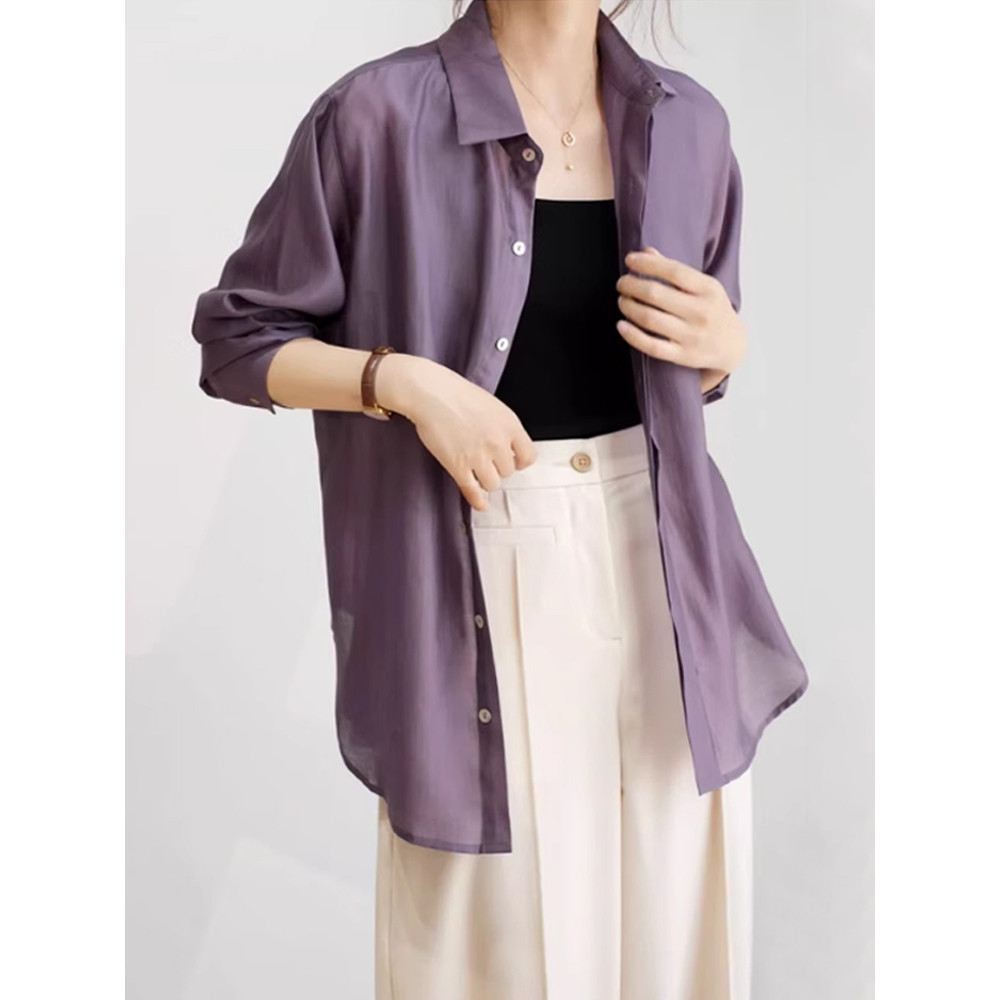 Lyocell camisa protetora solar de seda gelo feminina verão francês pequeno Bourgeoisie camisa de alta qualidade fina sol