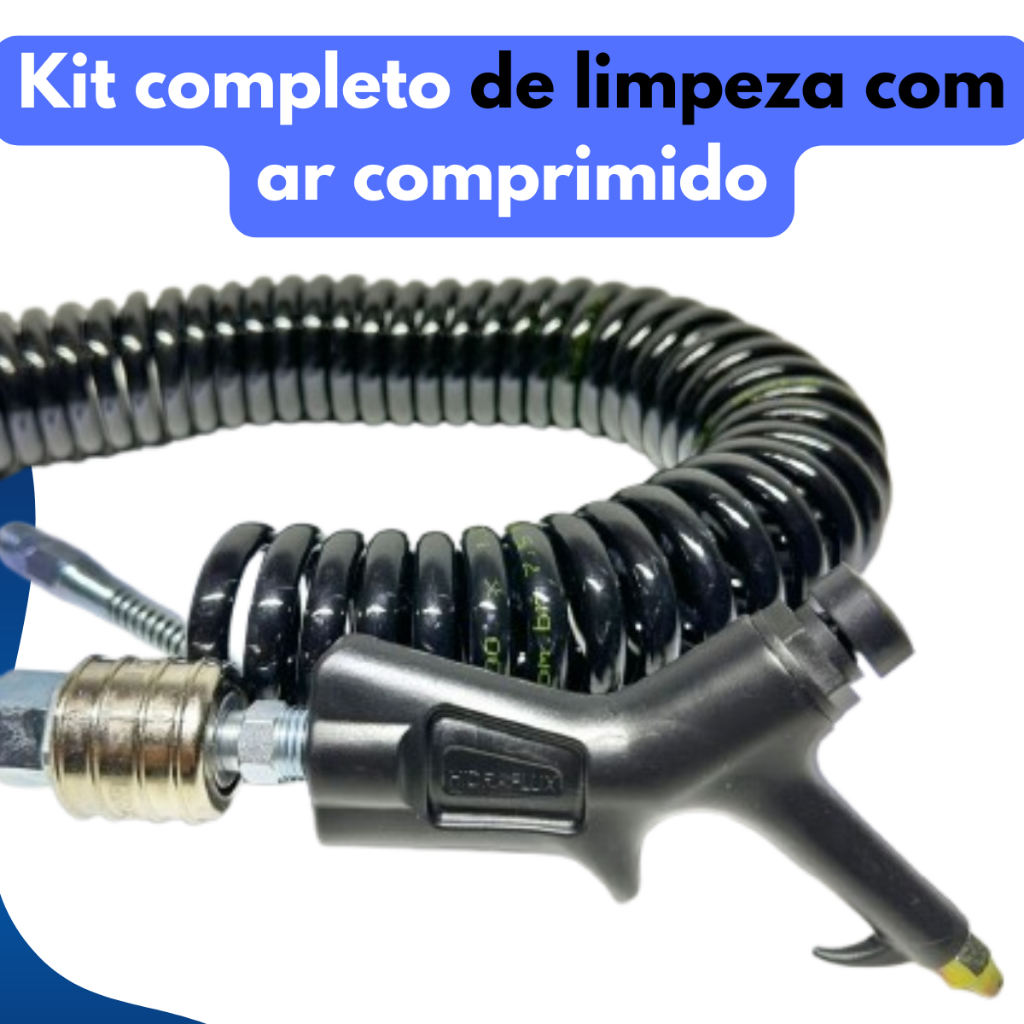 Kit mangueira espiral preta 10m Hidraflux com bico de ar e engate rápido de metal