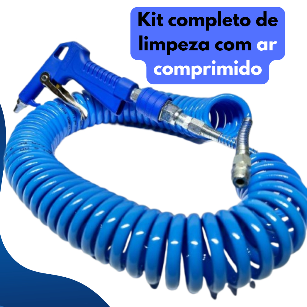 Kit mangueira espiral 3,5m Hidraflux com pistola de ar e engate rápido azul