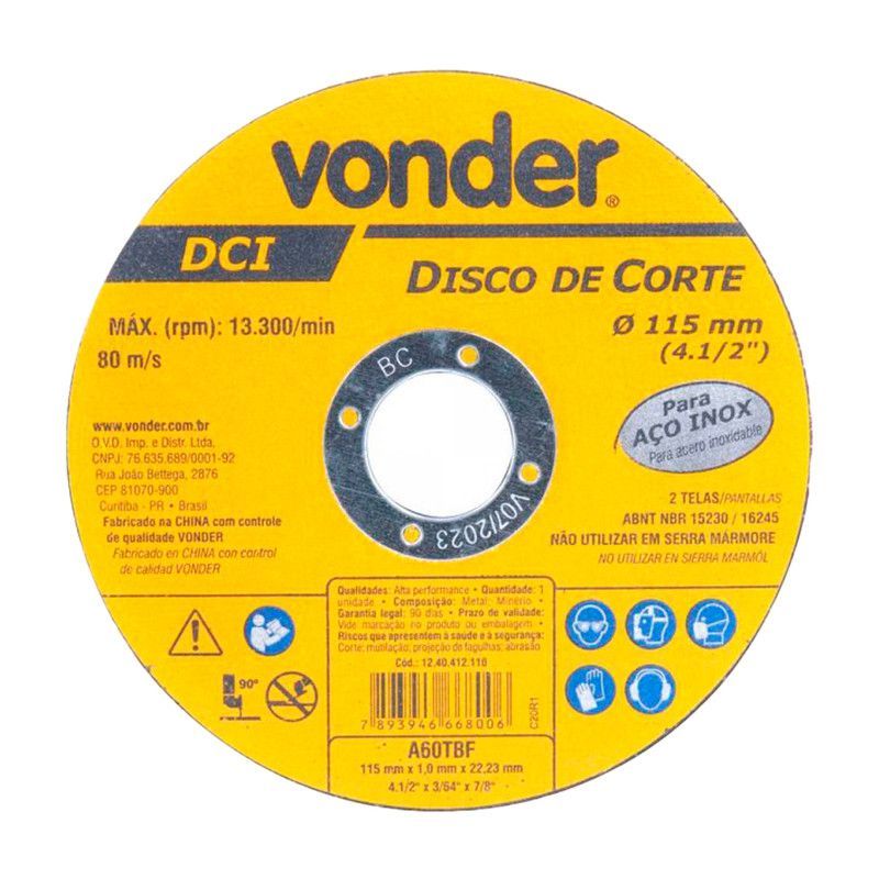KIT 100 DISCO DE CORTE 115MM X 1,0MM X 22,23MM DCI INOX VOND