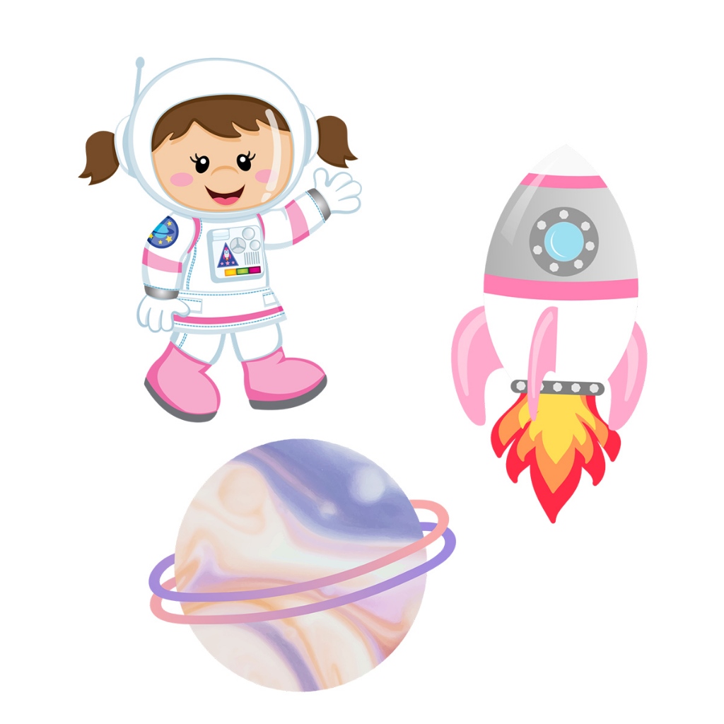 Kit 3 Totens Display MDF Adesivado Pézinho Astronauta Menina Espaço 50cm