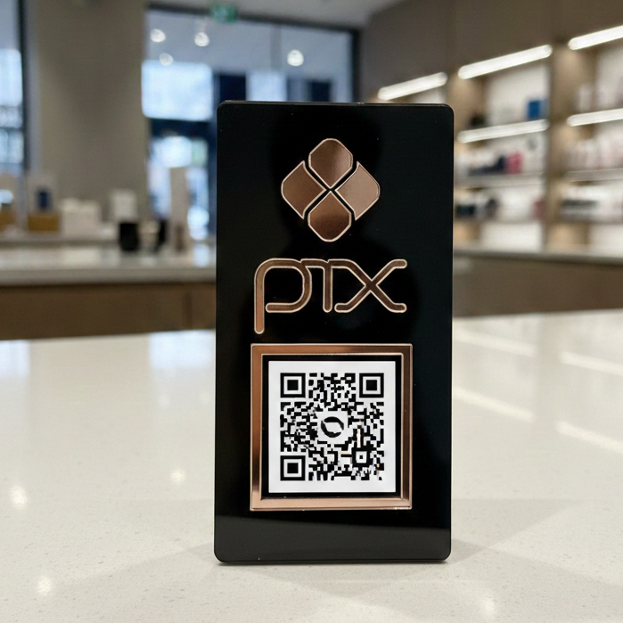 Placa Pix Acrílico Espelhado Preta QR Code Pagamento Display Mesa Balcão Recepção Loja Comércio Salão Escritório Dou