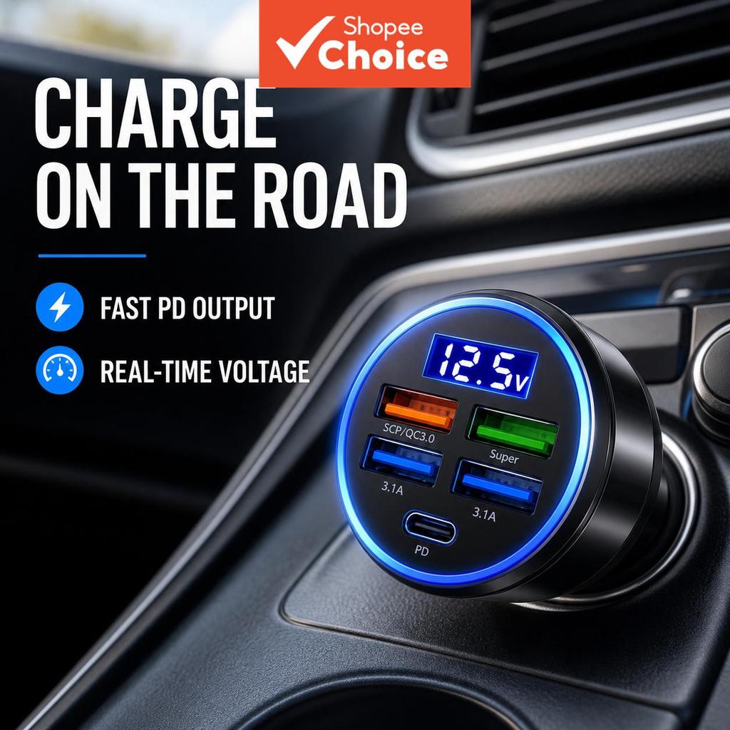 Carregador De Carro De 5 Portas-Pd ‐ Qc3.0 Usb Type C Fast Charge Adaptador Com Digital Voltage Display Para Iphone Sams