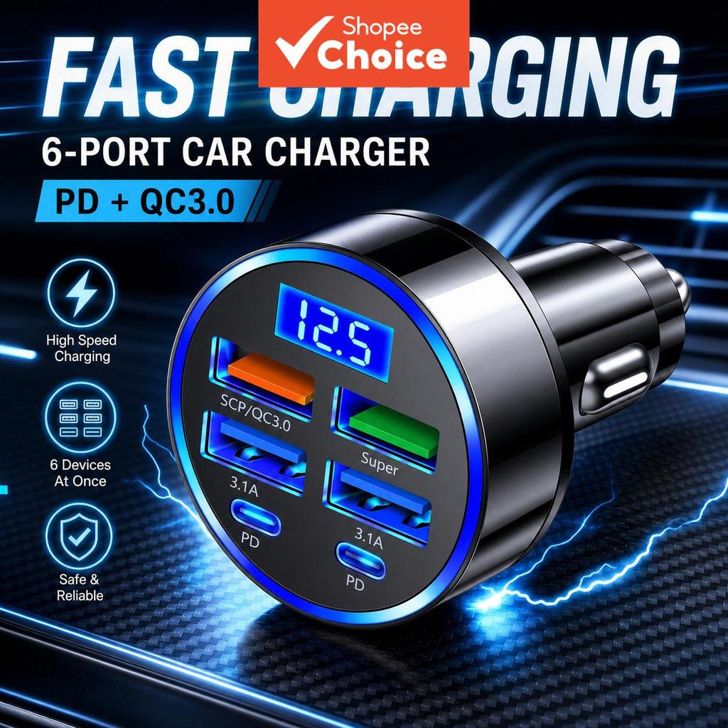 Adaptador De Carregador USB Para Carro Fast Pd Qc3.0 De 6 Portas Com Display De Tensão Automóvel