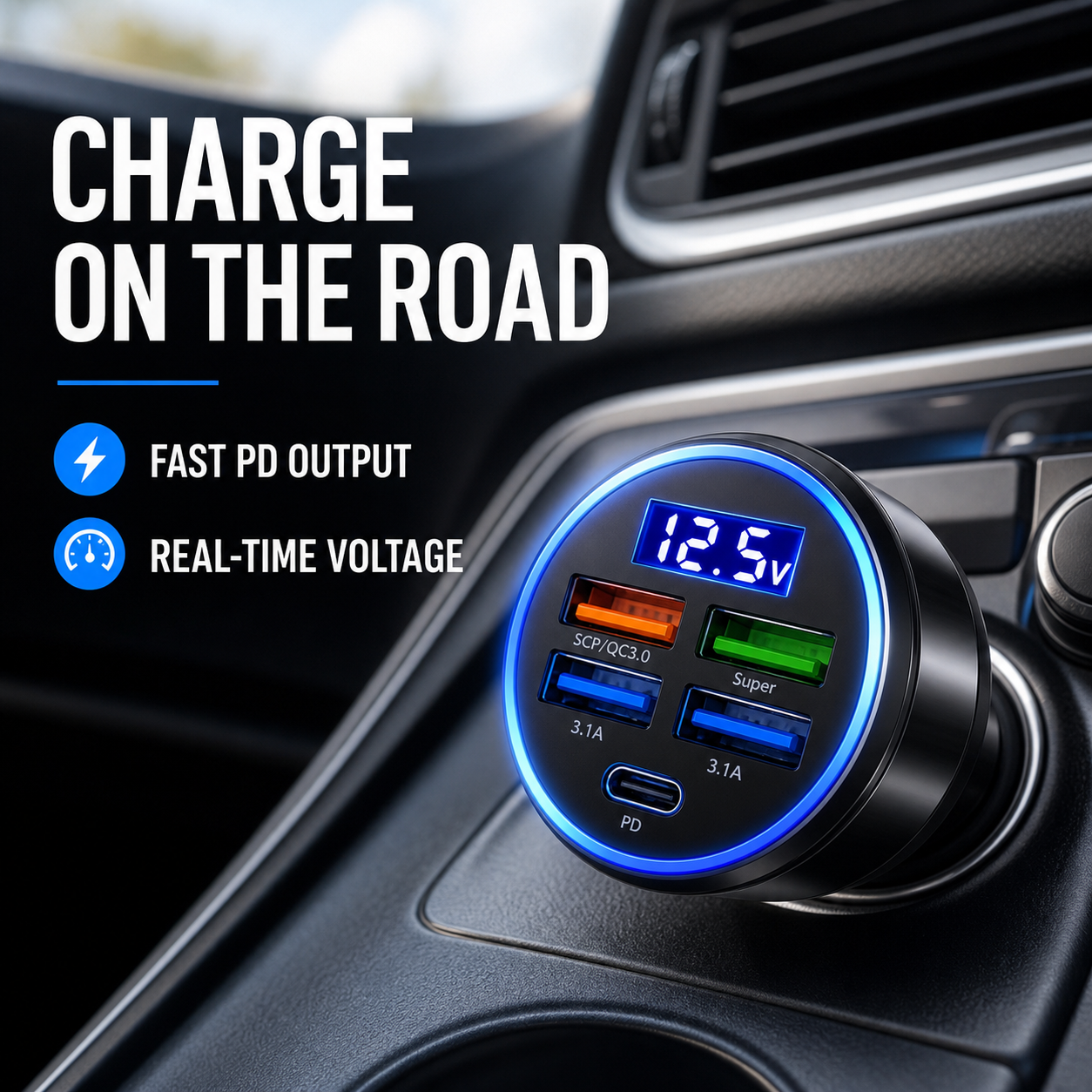 Carregador De Carro De 5 Portas-Pd ‐ Qc3.0 Usb Type C Fast Charge Adaptador Com Digital Voltage Display Para Iphone Sams