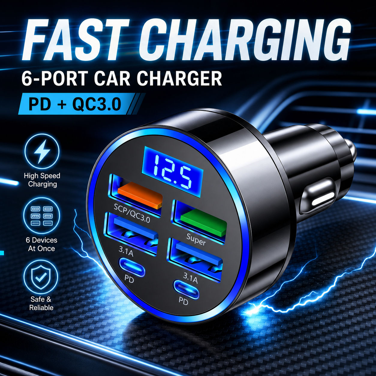 Adaptador De Carregador USB Para Carro Fast Pd Qc3.0 De 6 Portas Com Display De Tensão Automóvel