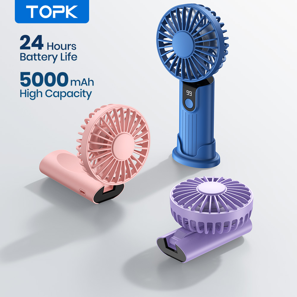 Ventilador portátil útil Topk de 2400mAh/5000mAh, recarregável por USB, dobrável, 3 em 1, com display digital, mini