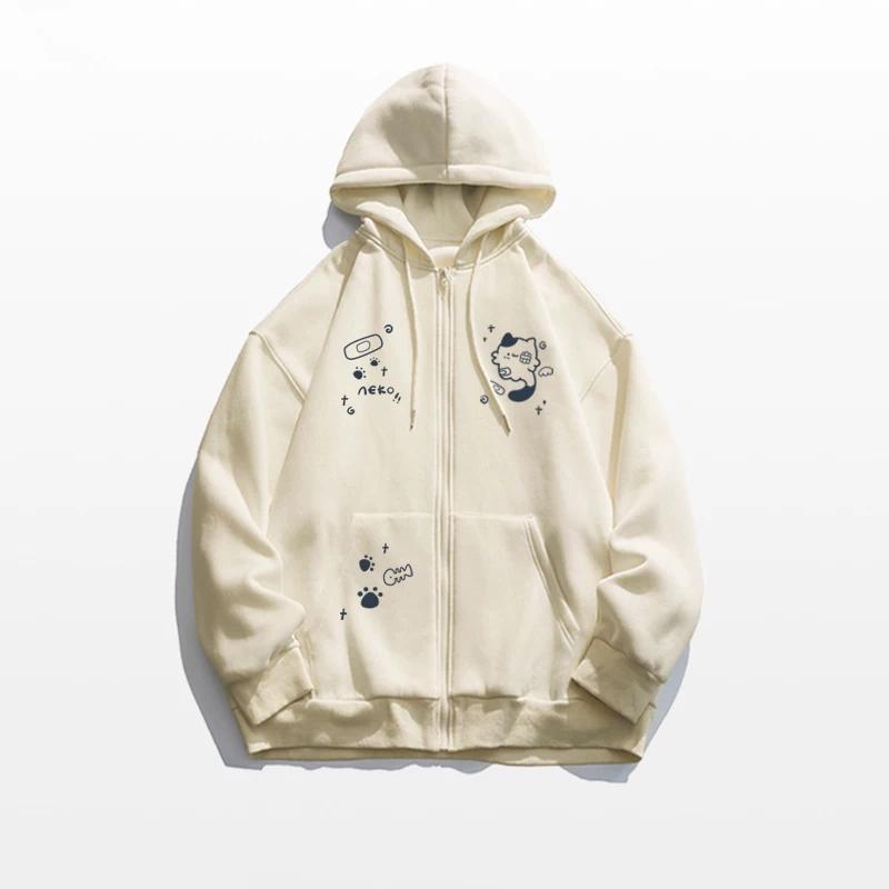 Oversized Zip Up Hoodie Bonito Dos Desenhos Animados Gato Neko Gráfico Manga Longa Jaqueta Com Capuz Moletom Casual
