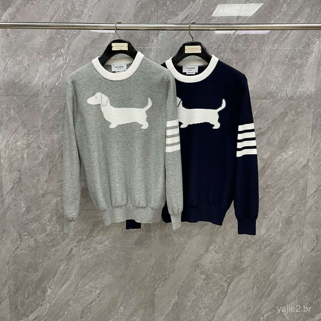 GSGY Spring and Autumn Classic Four-Bar Striped Puppy Jacquard Crew Neck Sweater, Casual, Fashionable, Versatile Style