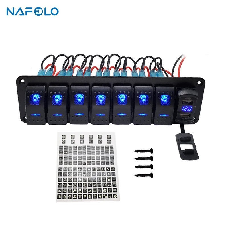 Marine Boat Rocker Switch Panel 8 Gang LED Rocker Switch Panel Kit 12V/24V Circuit Breaker Dual USB Slots light