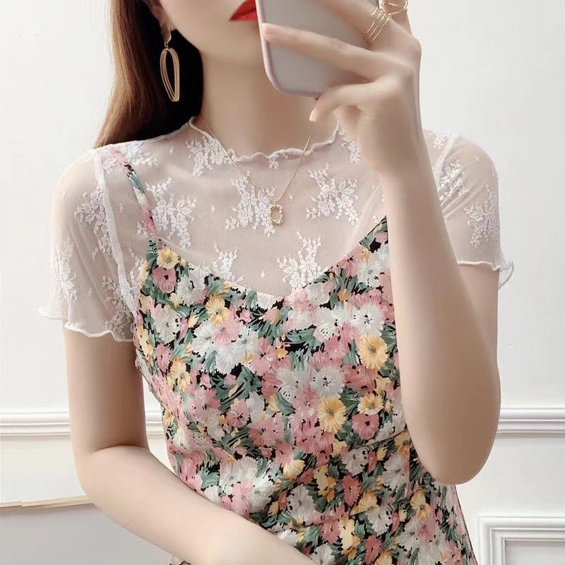Combinando Suspender saia interior curto gaze roupas malha camisa de fundo feminino verão estilo fino fungo borda meia m