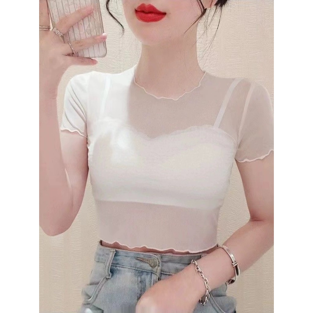 Suspender saia interior gaze roupas femininas de manga curta transparente gaze fungo borda blusa estilo fino Bottoming c