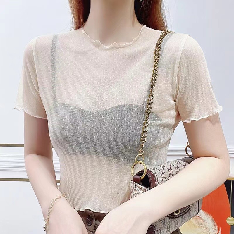 Camisa de fundo de gaze curta feminina verão transparente fungo borda combinando Suspender saia de manga curta gaze rend