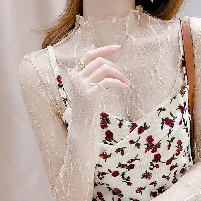 Transparente gaze camisa de fundo feminina outono moda estilo ocidental Suspender saia estilo fino gaze meia gola alta r