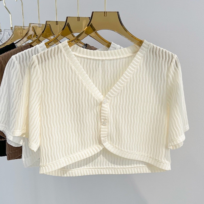 Verão protetor solar Cardigan feminino fino pequeno colete com saia Suspender exterior gaze blusa xale de manga curta re