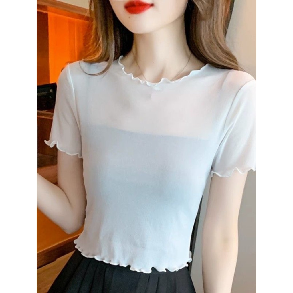 Suspender saia Base interna camisa curta feminina vestido de verão Net gaze topo camiseta de manga curta blusa fina roup