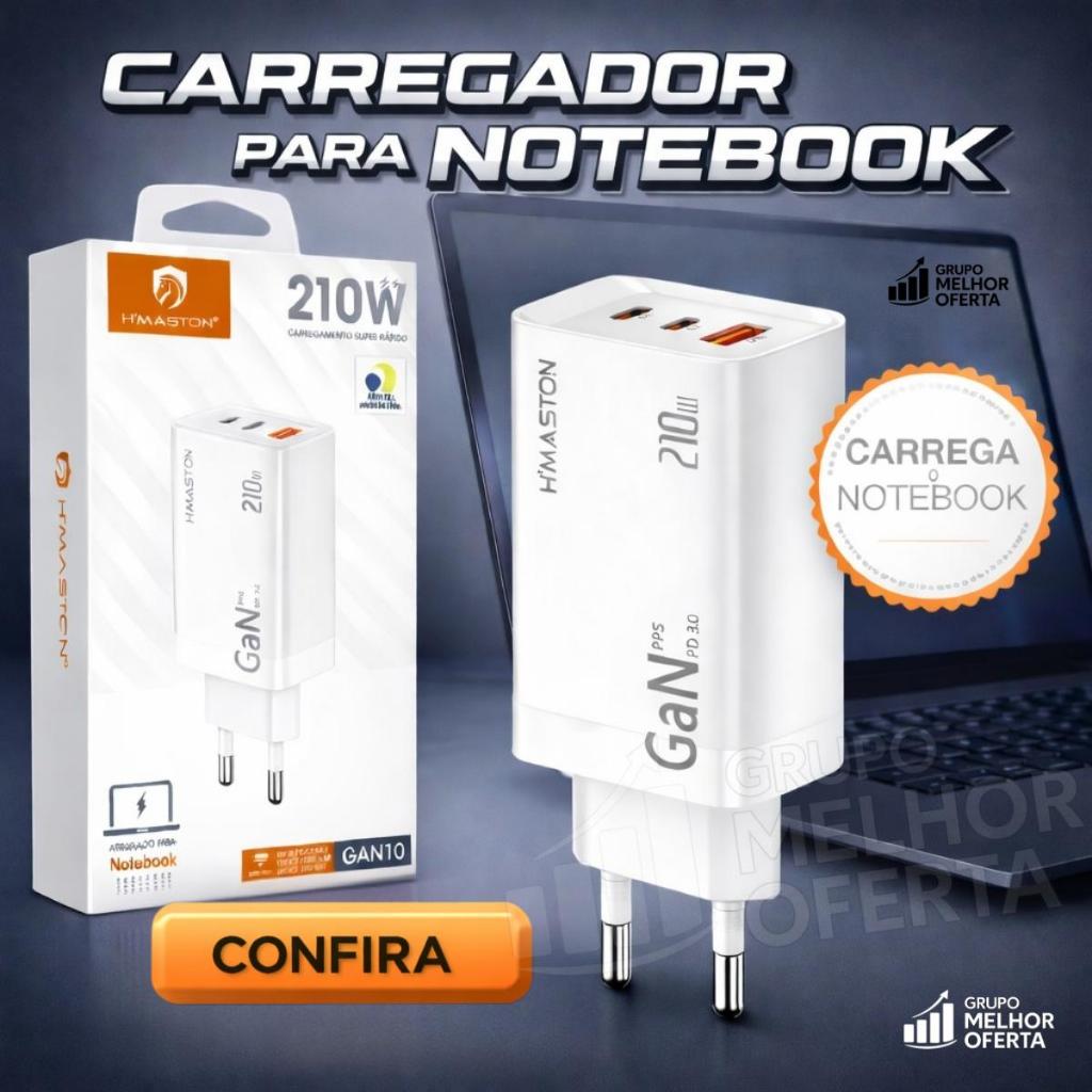 Carregador GaN 210W para Notebook Turbo | Super Rápido | 3 Portas | USB-C PD PPS